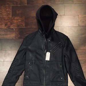 NEW EXPRESS FAUX LEATHER JACKET w/ zip-out  HOOD-M